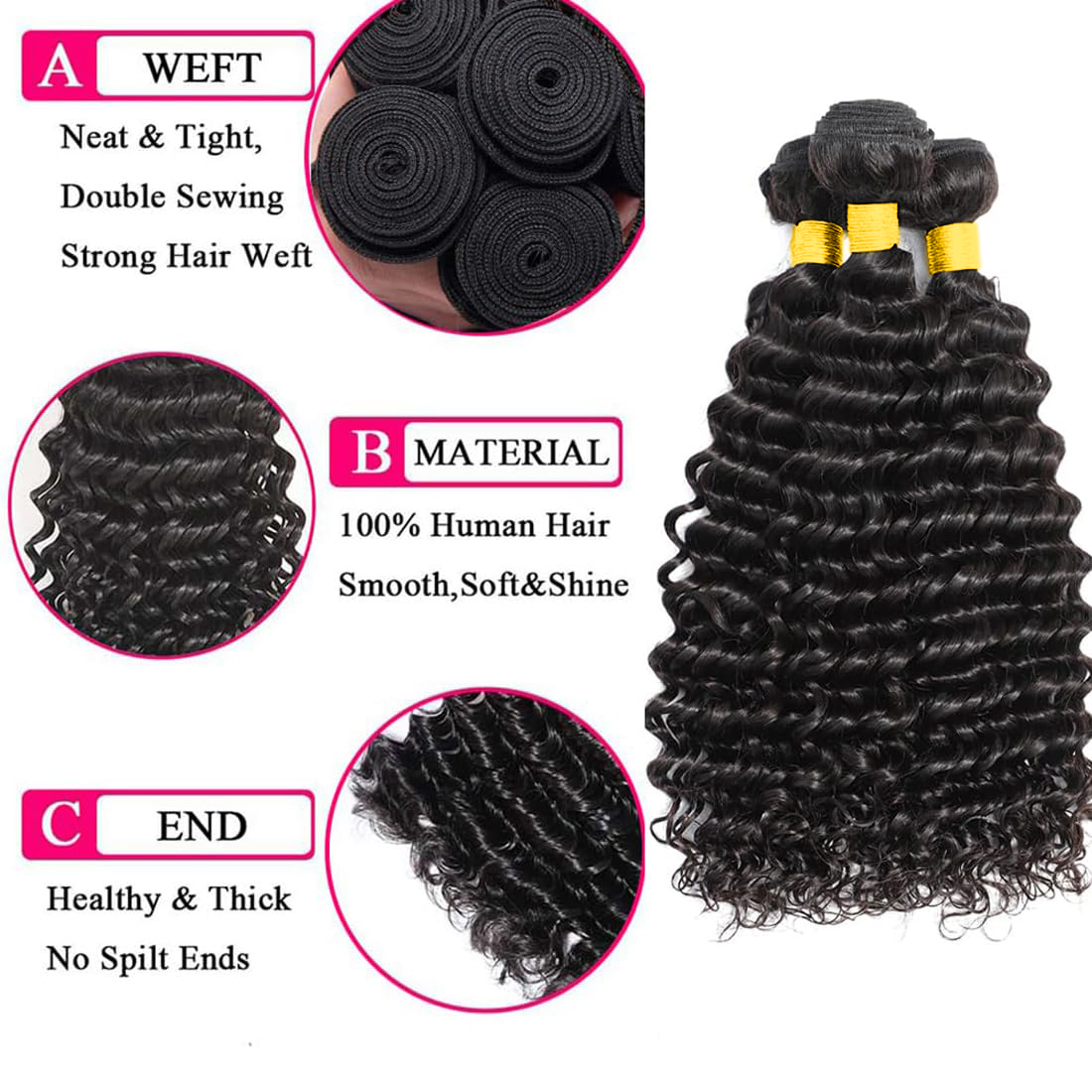 Extensiones de cabello humano  - Deep Wave 3 Bundles With Closure reseña y precio